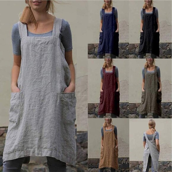Women's Pinafore Apron Cross Back Apron with Pockets Cotton Linen Apron Dress Pl - Picture 5 of 5